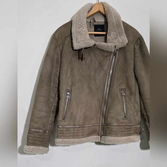 Zara Womens XXL Tan Shearling Bomber Jacket Brown - Picture 4 of 10